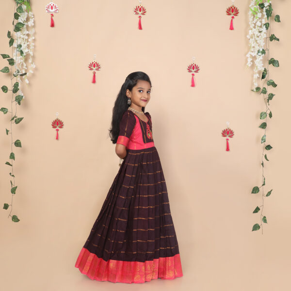 Side view of deep brown and pink ethnic long gown for girls