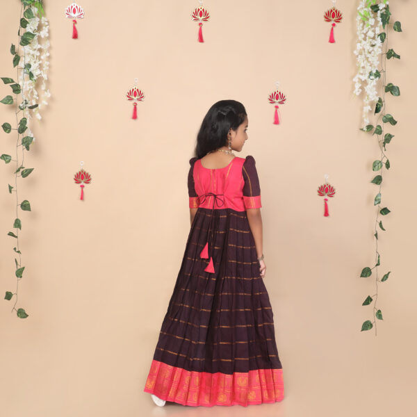 Back view of deep brown and pink ethnic long gown for girls