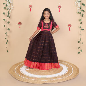 Front view of deep brown and pink ethnic long gown for girls