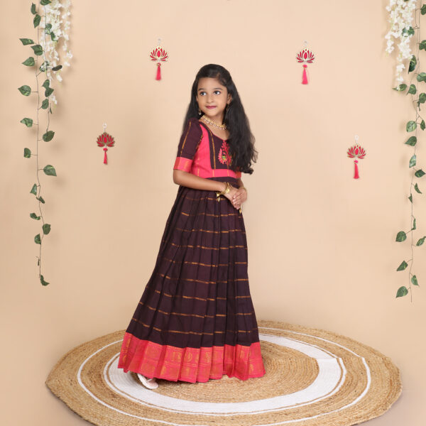 Deep brown and pink ethnic long gown for girls full view