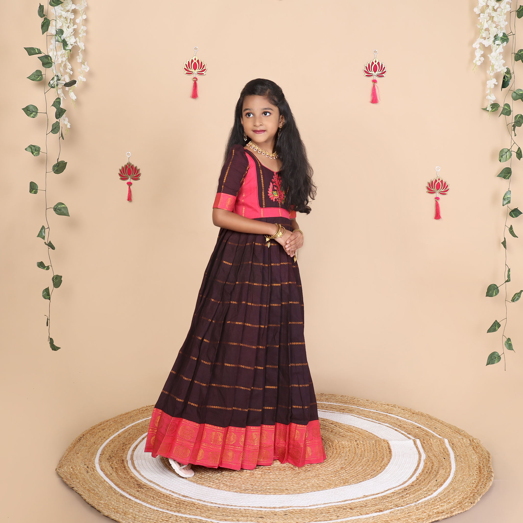 Deep brown and pink ethnic long gown for girls full view