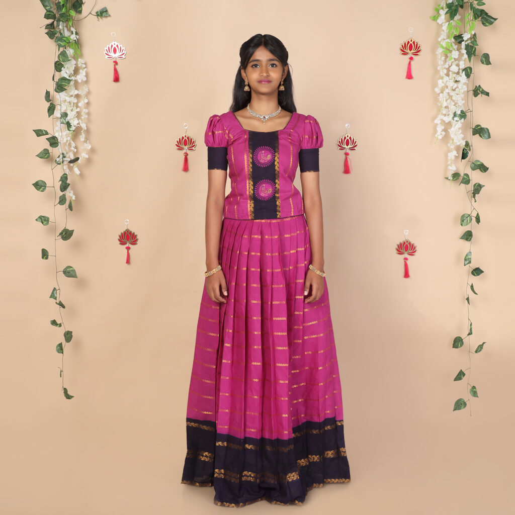 Front view of purple ethnic skirt and top set for girls