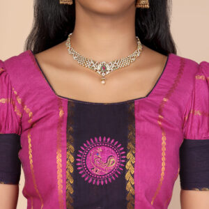 Close up canvas print detail on purple ethnic skirt and top set for girls