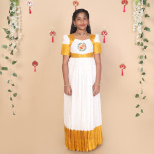 Front view of mustard and white ethnic long gown for girls