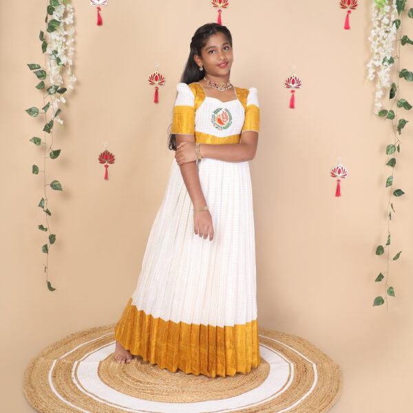 Mustard and white ethnic long gown for girls full view