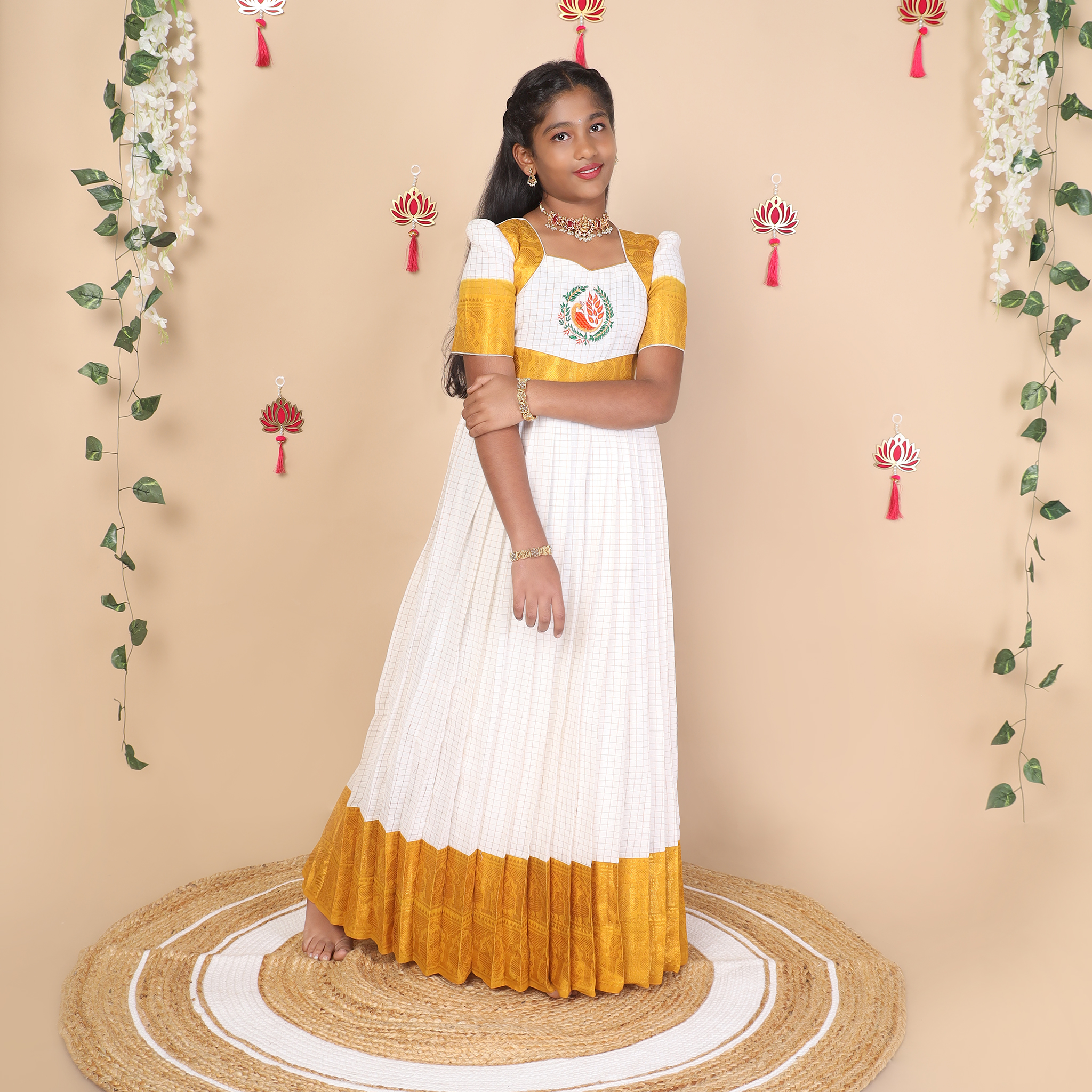 Mustard and white ethnic long gown for girls full view