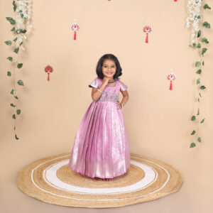 Purple kids gown in tissue brocade fabric front view with floral embroidery