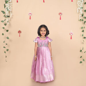 Purple embroidered kids party gown with floral bodice and cap sleeves