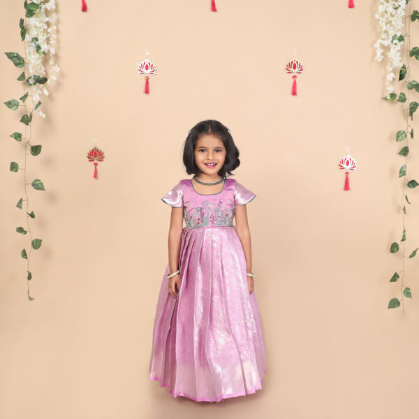 Purple embroidered kids party gown with floral bodice and cap sleeves