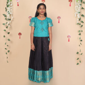 Front view of deep blue and teal ethnic skirt and top set for girls