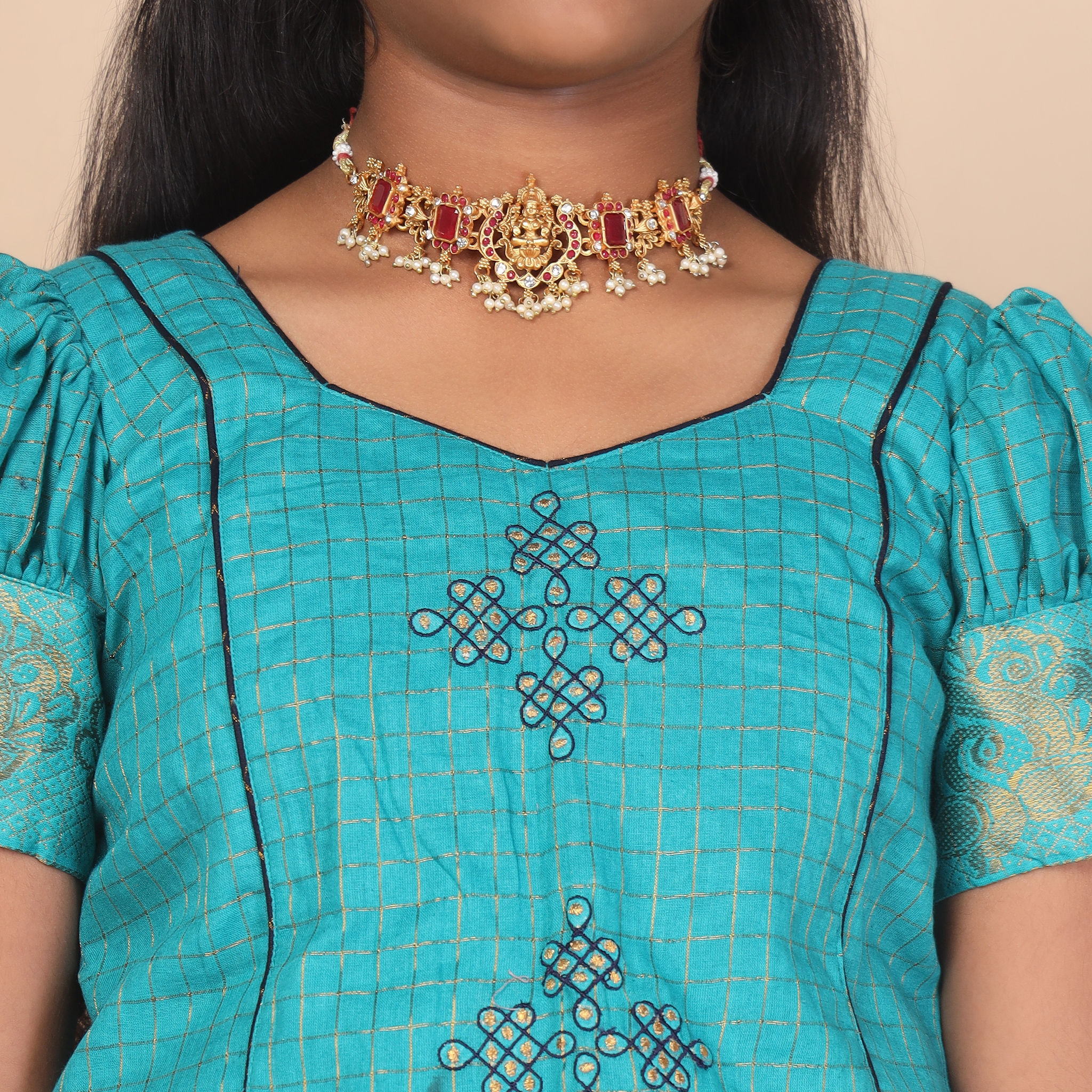 Close up canvas print pattern on deep blue and teal skirt and top set for girls