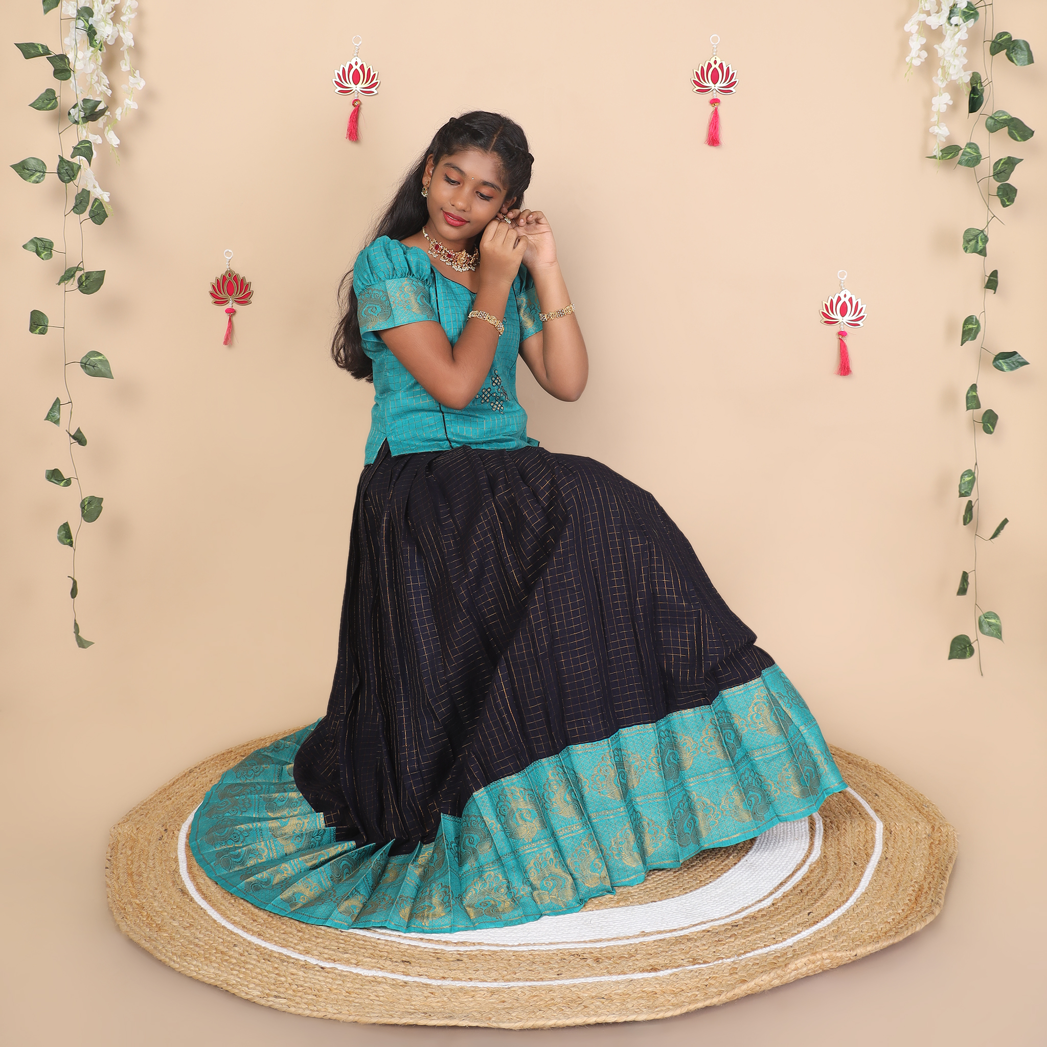 Deep blue and teal ethnic skirt and top set for girls full