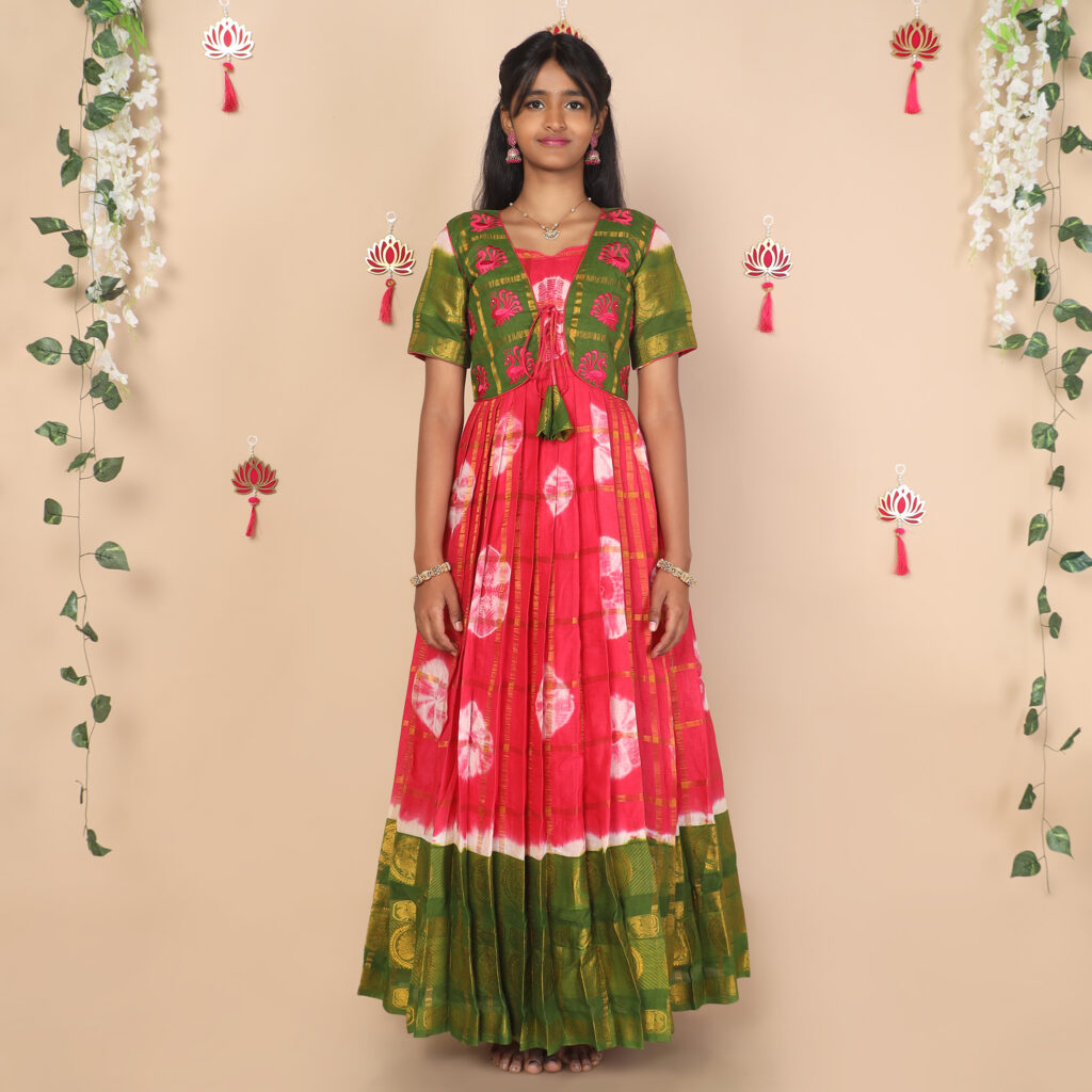 Front view of pink and green ethnic jacket for girls