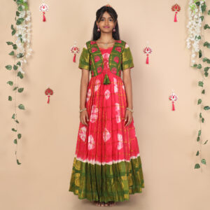 Front view of pink and green ethnic jacket for girls