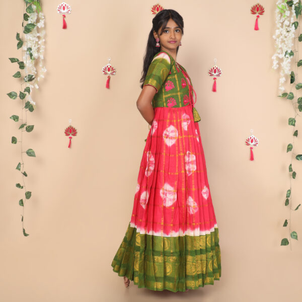 Side view of pink and green ethnic jacket for girls