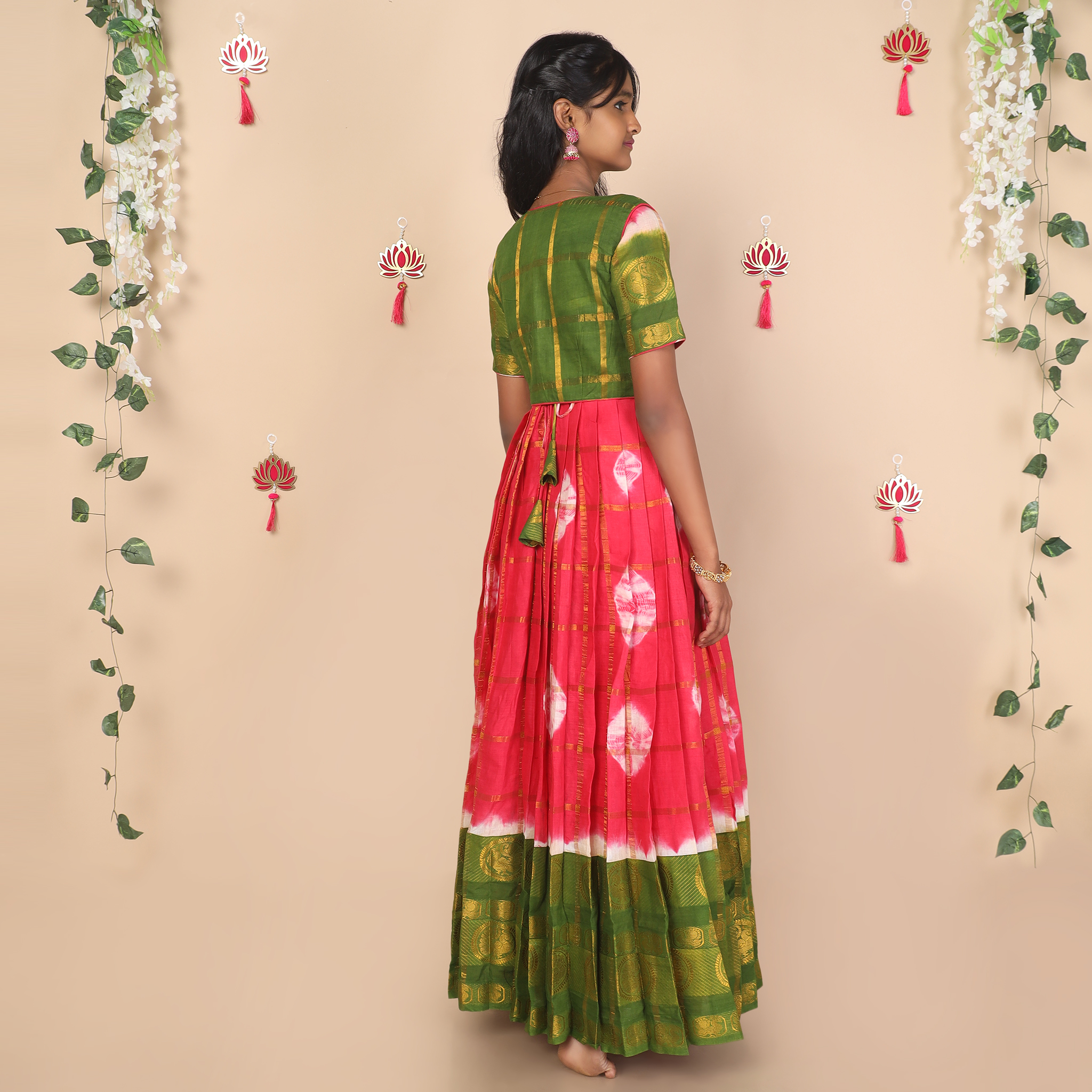 Back view of pink and green ethnic jacket for girls