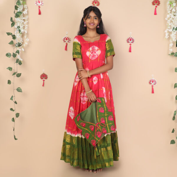 Front of pink and green ethnic jacket for girls