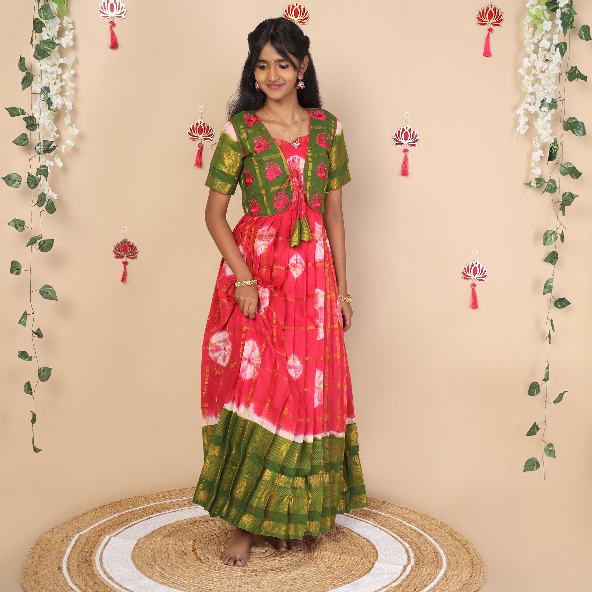 Pink and green ethnic jacket for girls full view