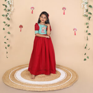 Yazh Nila girls long gown in shimmery silk full view