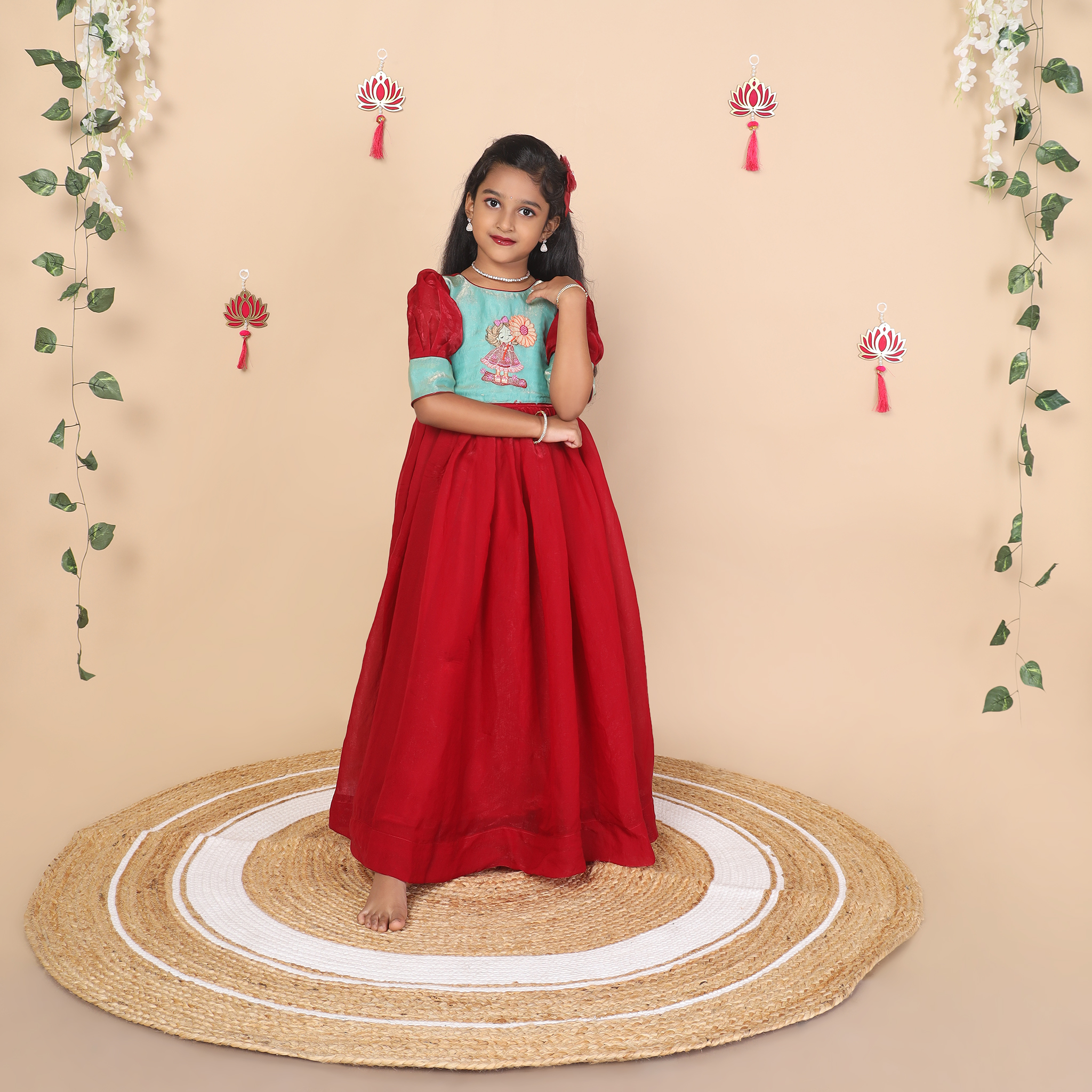 Yazh Nila girls long gown in shimmery silk full view
