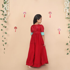 Back view of Yazh Nila shimmery silk girls long gown