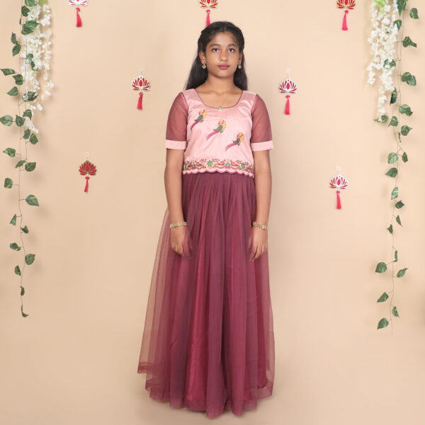 Full length mauve girls skirt and top set with layered net skirt