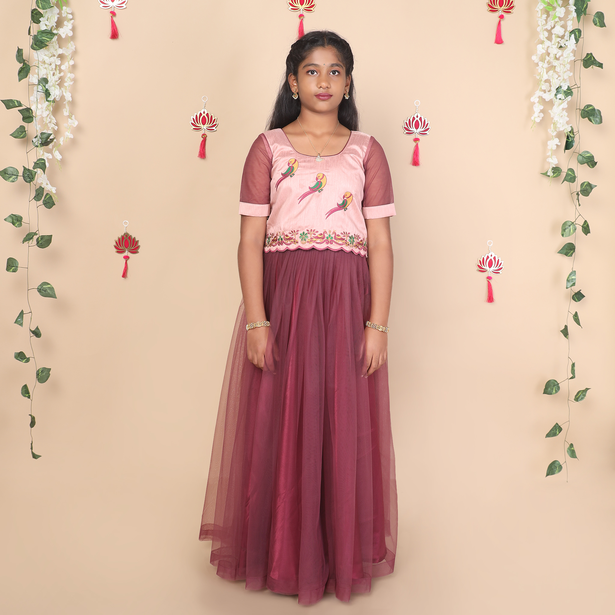 Full length mauve girls skirt and top set with layered net skirt