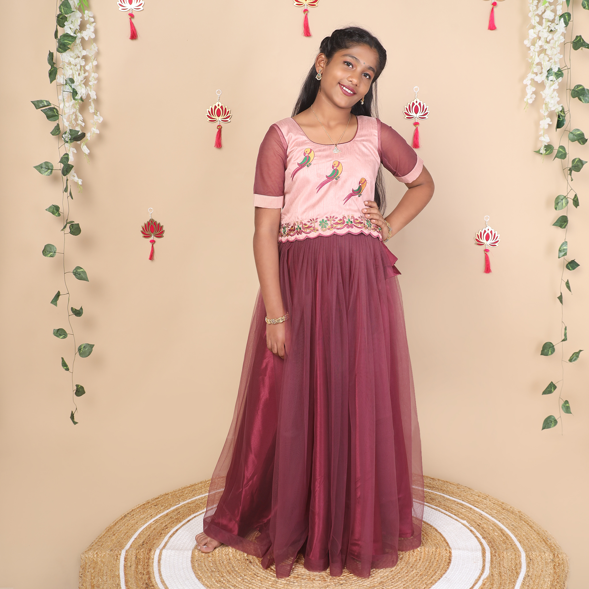 Mauve girls skirt and top set with netted skirt and embroidered crop top front view