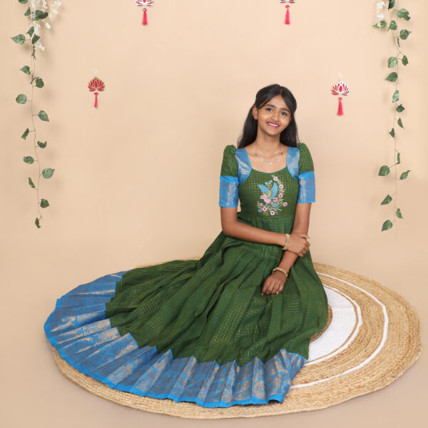 Olive green and blue ethnic long gown for girls full view