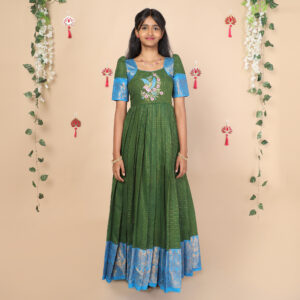 Front view of olive green and blue ethnic long gown for girls