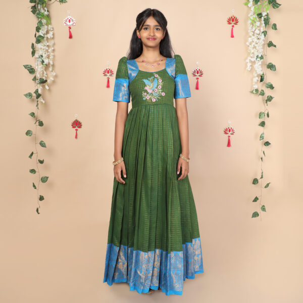 Front view of olive green and blue ethnic long gown for girls