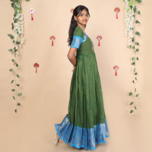 Side view of olive green and blue ethnic long gown for girls