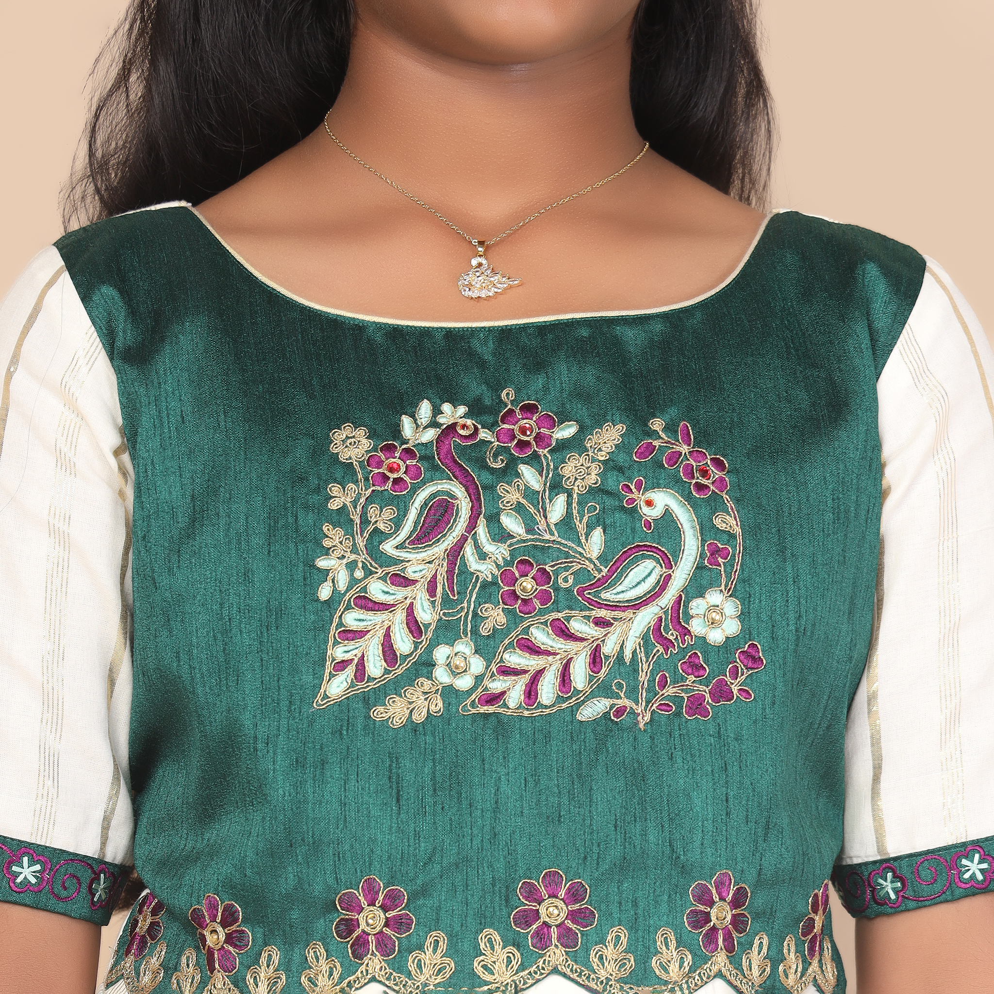 Close up detail of Nila ethnic long gown for girls