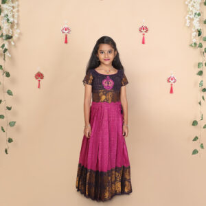 Front view of purple and deep blue ethnic skirt and crop top set for girls