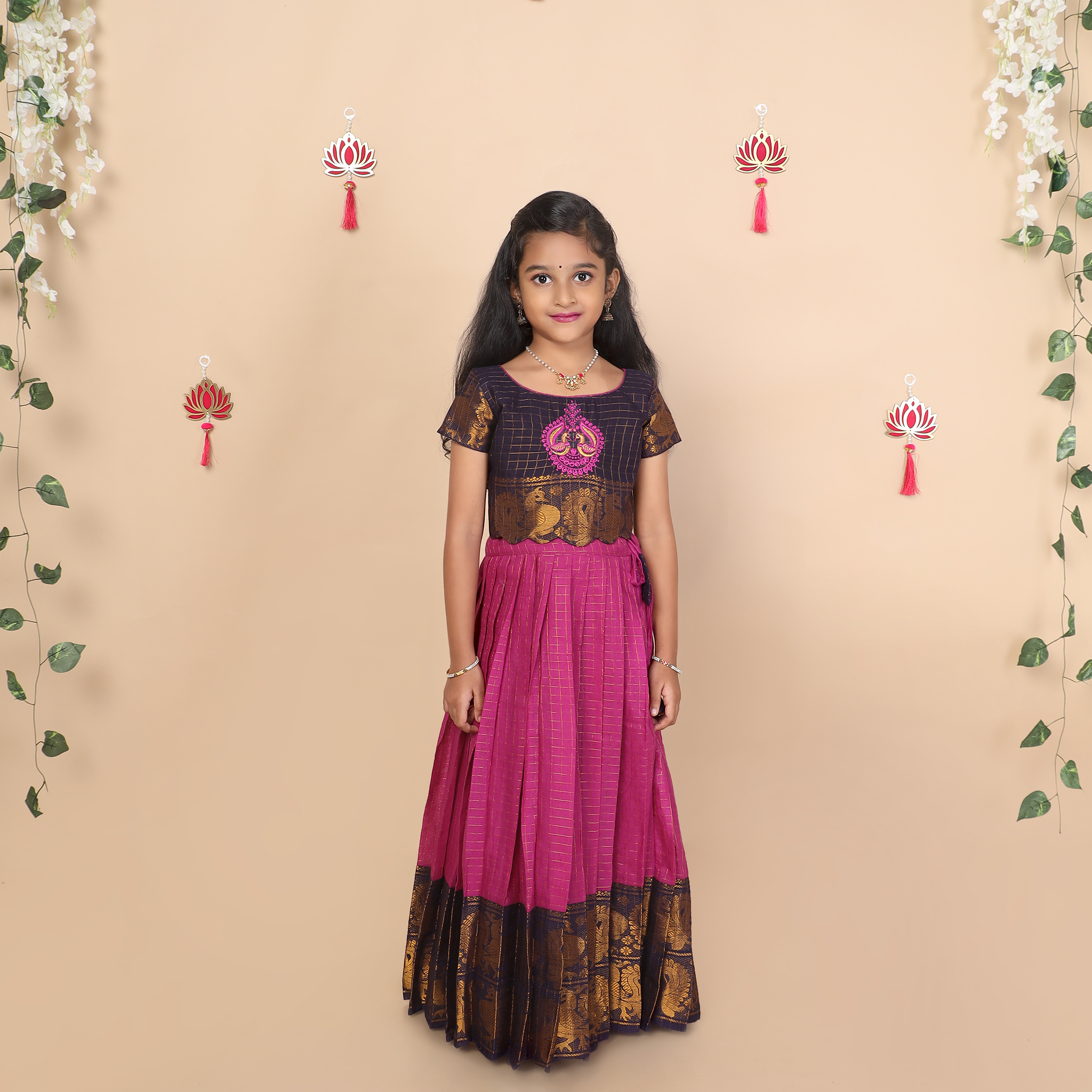 Front view of purple and deep blue ethnic skirt and crop top set for girls