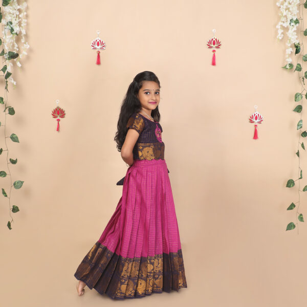 Side view of purple and deep blue ethnic skirt and crop top set for girls