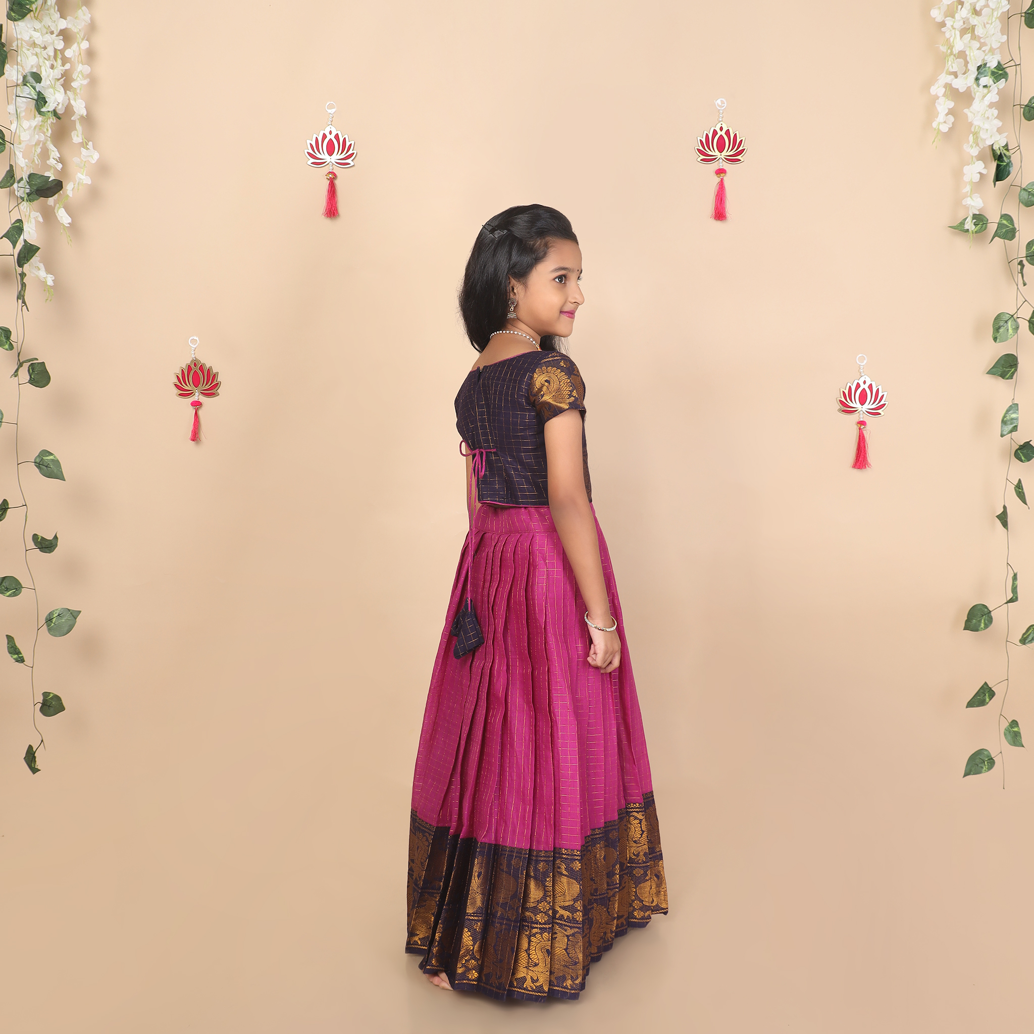 Back view of purple and deep blue ethnic skirt and crop top set for girls