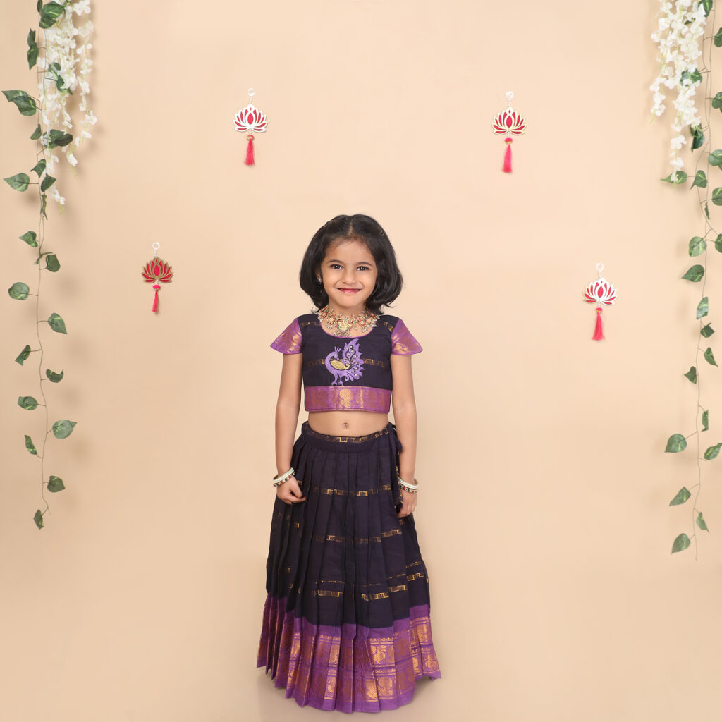 Front view of deep blue skirt and crop top set for girls