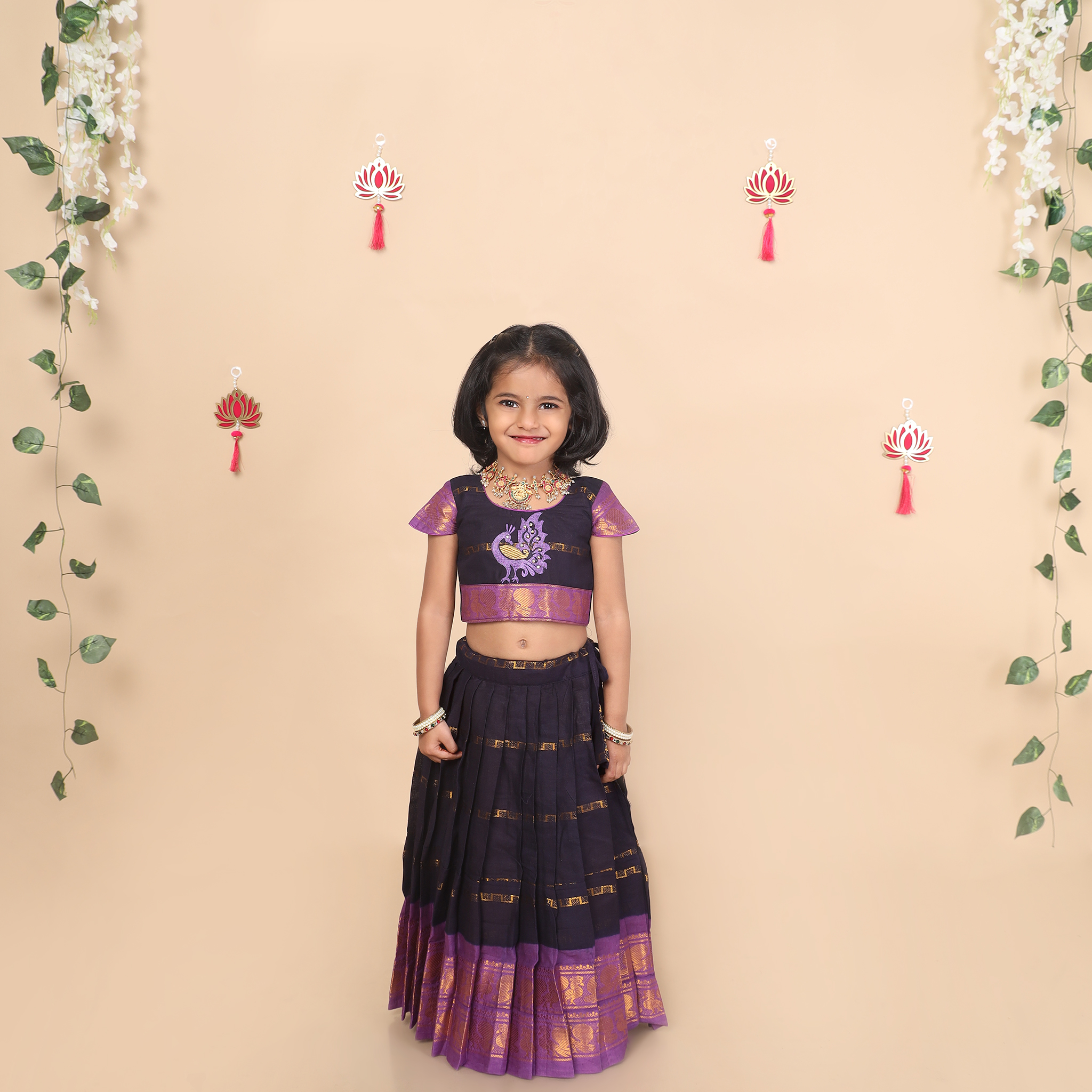 Front view of deep blue skirt and crop top set for girls