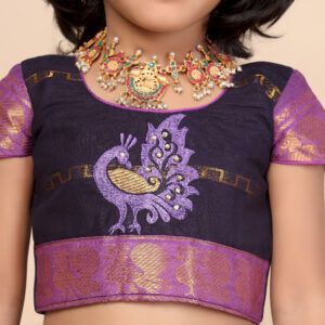 Close up canvas print detail on deep blue skirt and crop top set for girls