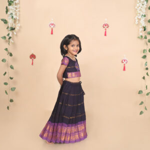 Side view of deep blue skirt and crop top set for girls