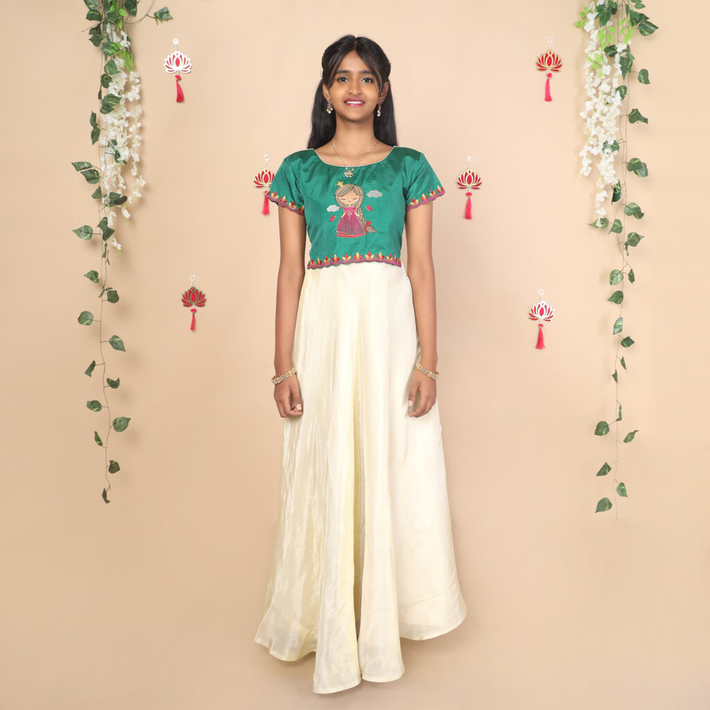 Front view of Nila ethnic long gown for girls