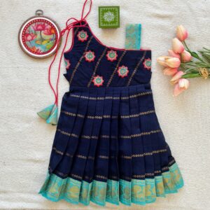 Navy blue one shoulder embroidered kids festive frock full front view