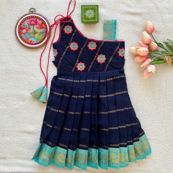 Navy blue one shoulder embroidered kids festive frock full front view