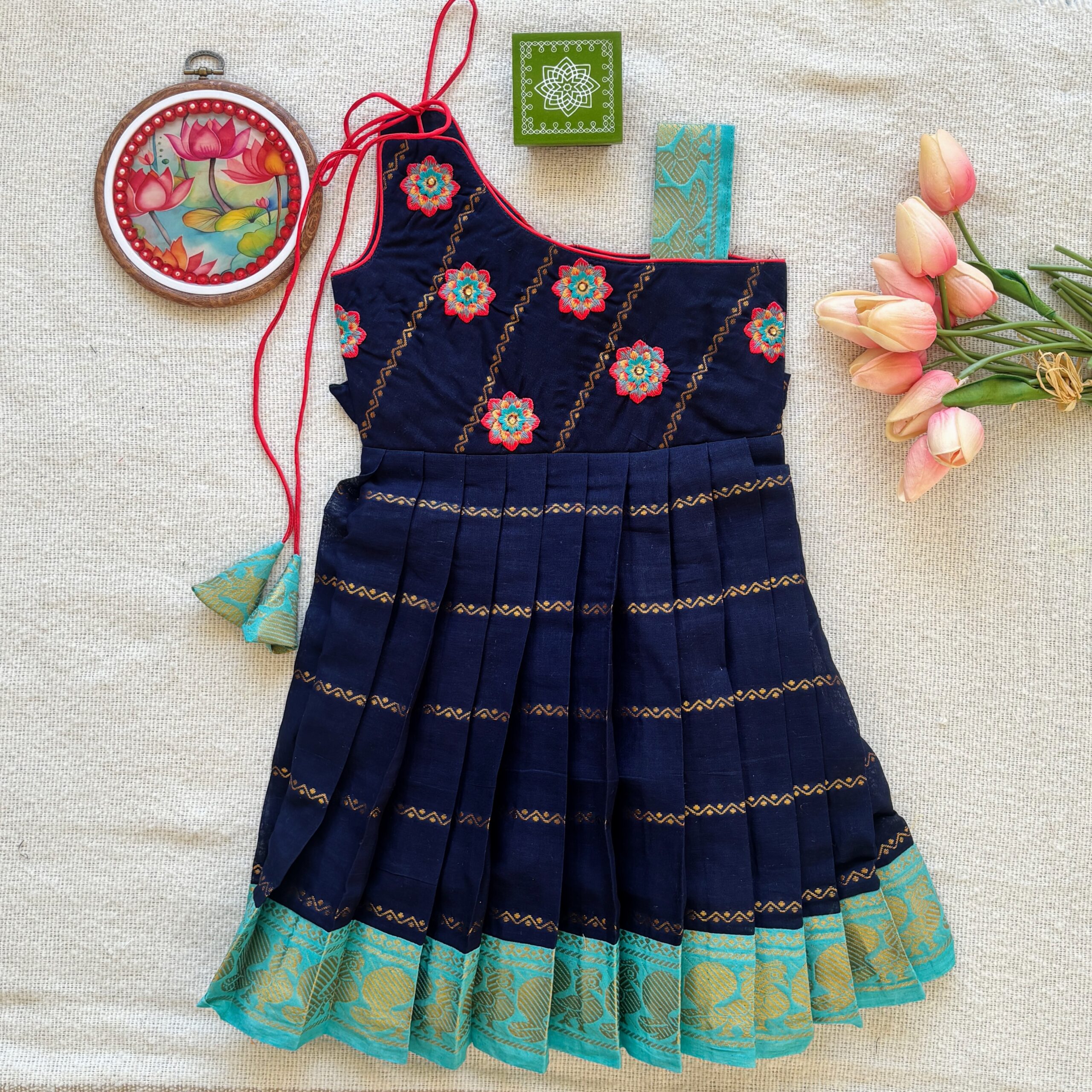 Navy blue one shoulder embroidered kids festive frock full front view