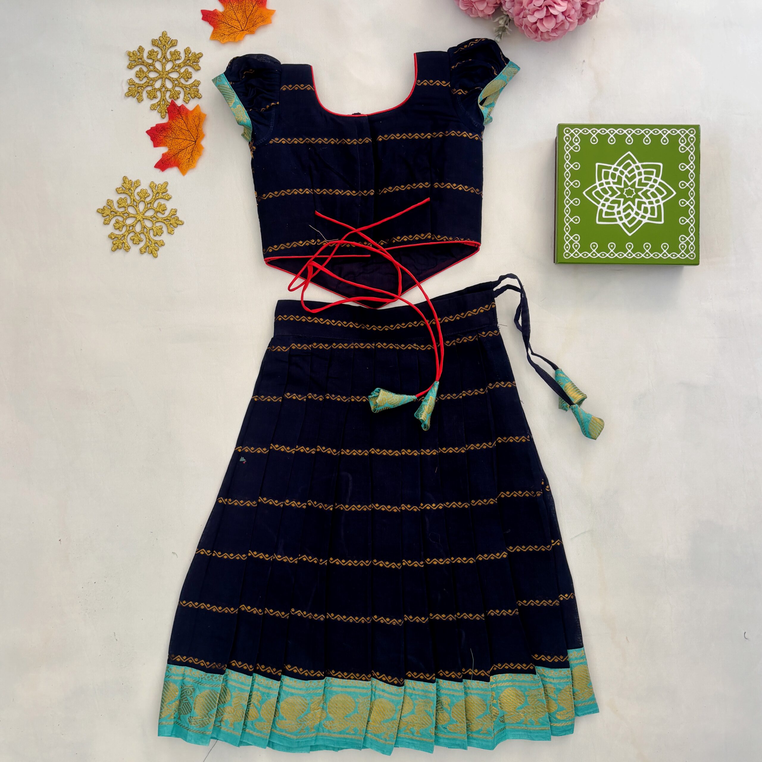 Back view navy blue traditional kids frock with patterned detailing