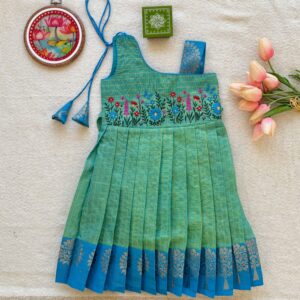 Green one shoulder kids festive frock full front view