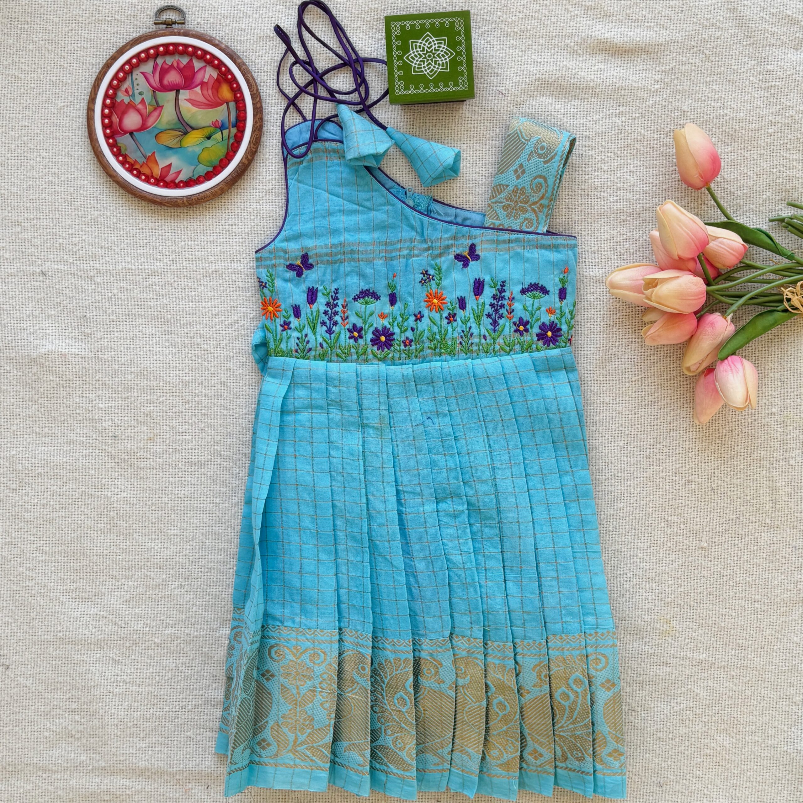 Teal one shoulder kids festive frock full front view