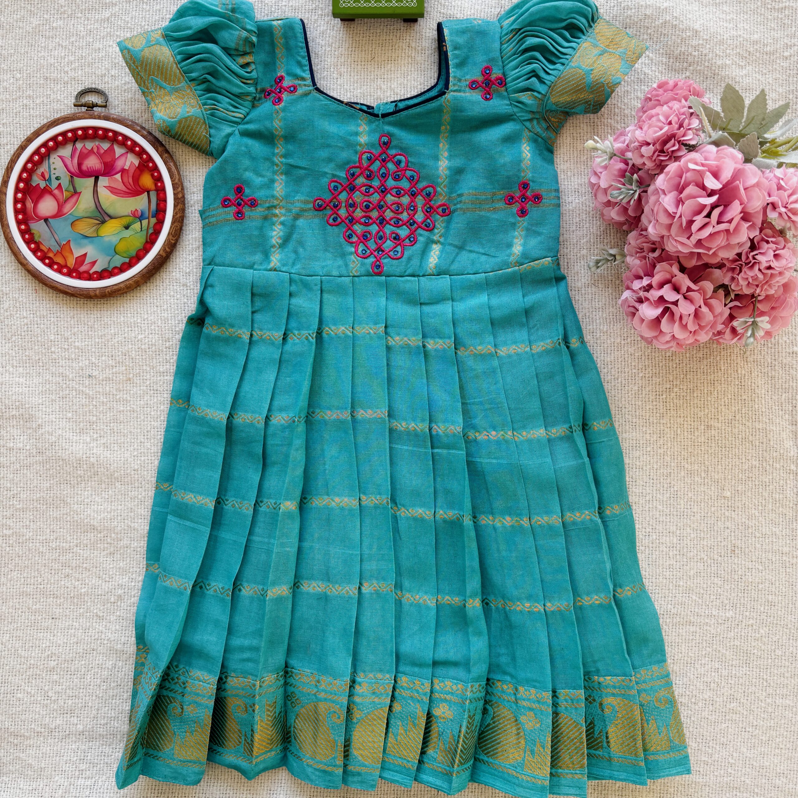 Teal kids festive frock full front view