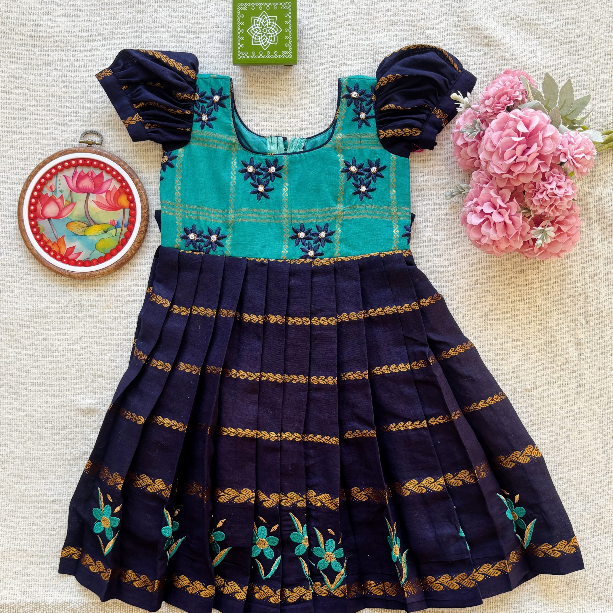 Teal and navy kids festive frock front view